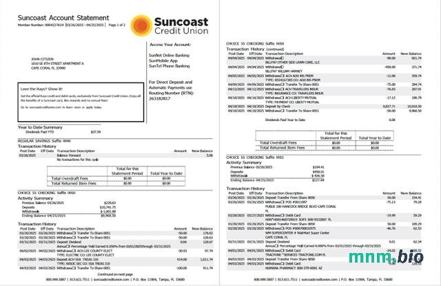Szablon wyciągu bankowego USA SunTrust w programie Word i PDF